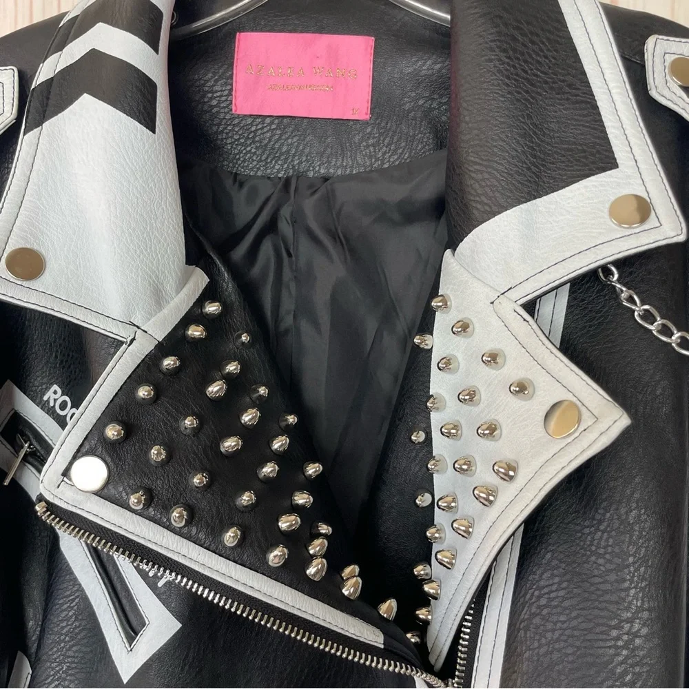 Azalea Wang Studded Black and White Graffiti Faux Leather Moto Jacket (1x) - Picture 3 of 16